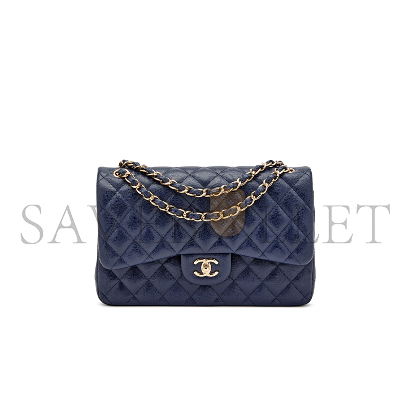 Ch*el master navy blue quilted caviar jumbo classic double flap bag pale gold hardware (30*20*10cm)